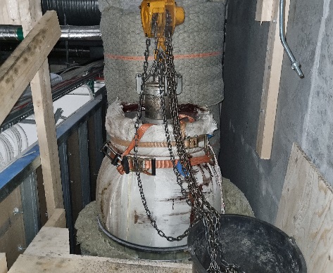 Bild av en 800 spiro kanal som renoverats med ventilflex rkv för att uppnå brandklass och spolbarhet.